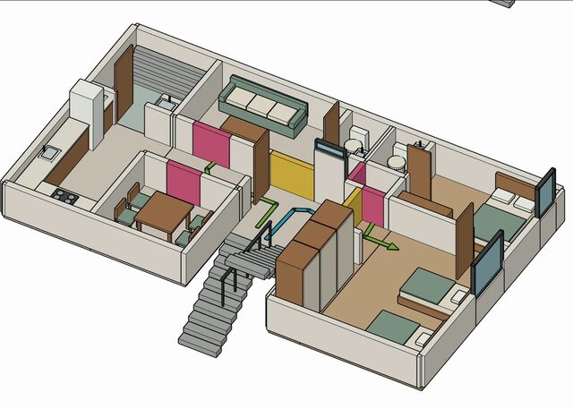 Apartment concept model with reconfigured walls and circulation paths