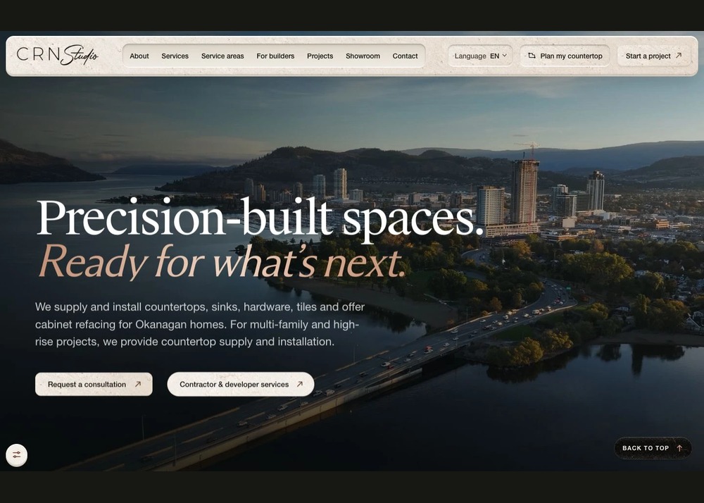Current CRN Studio homepage with serif typography and stone header