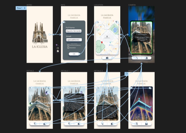Eight connected La Iglesia interface screens from introduction and location to camera, details and night mode
