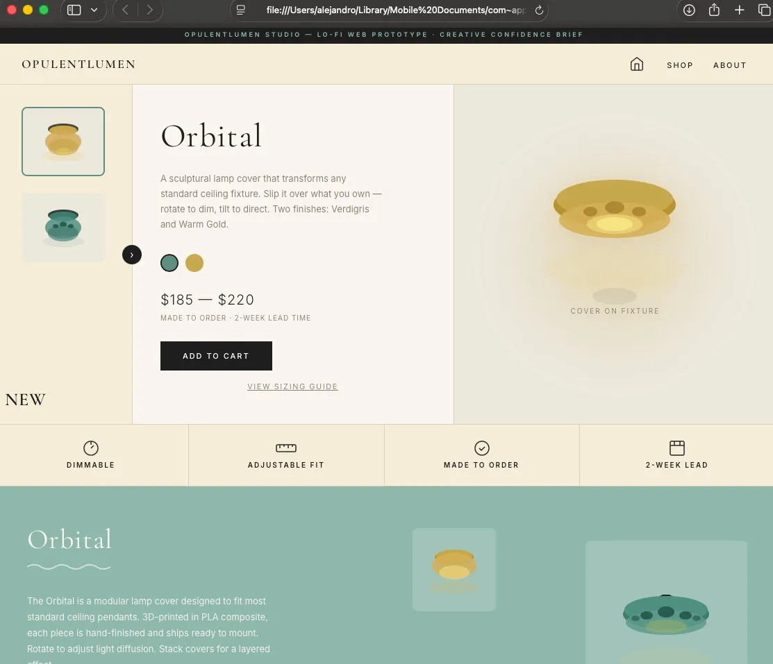 OpulentLumen interactive product-page prototype