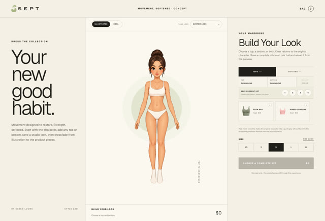 SEPT independent wardrobe concept with a dressable character and outfit controls